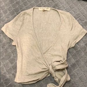 Sand ribbed cropped wrap tie top